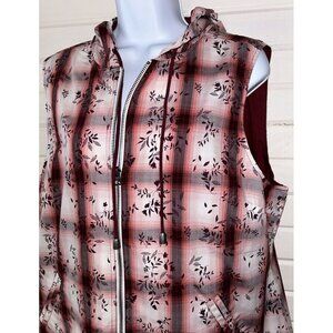 NWT Christopher & Banks Sz LARGE Red Floral Plaid Hooded Vest Pockets Cotton Zip